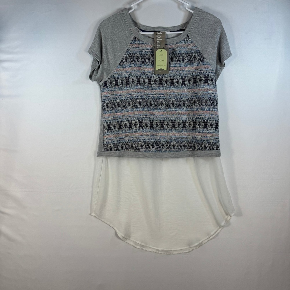 Dolan Left Coast Collection Mixed Media Layered Geometric Top Grey White Medium